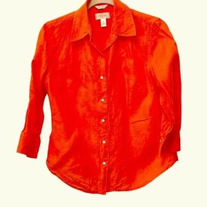 Talbots Womens Orange 100% Irish Linen Pintuck 3/4 Sleeve Button Down Shirt S